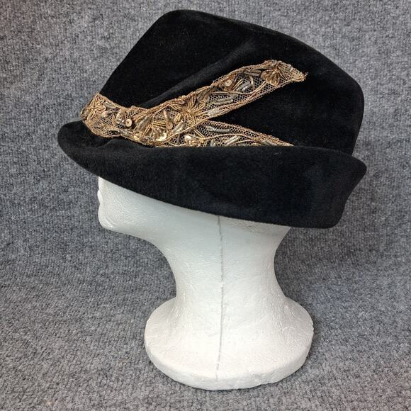 Nettie Young Vintage Cocktail Hat Women Black Velvet Gold Trim 1950s main image 4